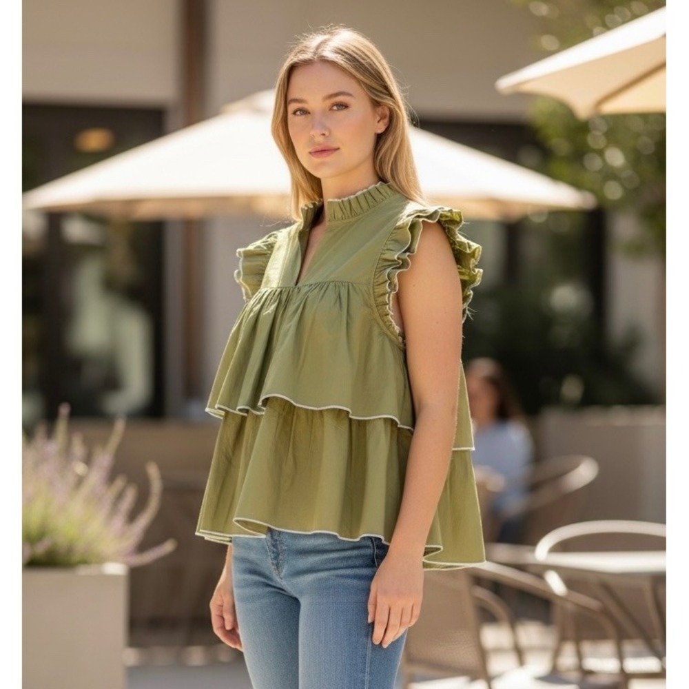 English Factory Tiered Ruffle blouse sz‎ XL Green babydoll preppy Victorian Y2K
